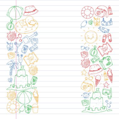 Seyahat ve plaj simgeleri ile vektör deseni.