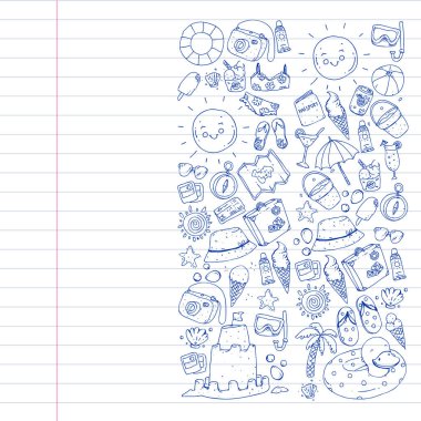 Seyahat ve plaj simgeleri ile vektör deseni.