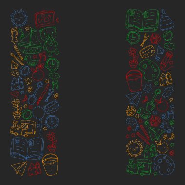 Anaokulu oyuncakları ile. Çocuklar için şablon. Küçük okul öncesi çocuklar eğitim. Oyun çizim, öğrenme,