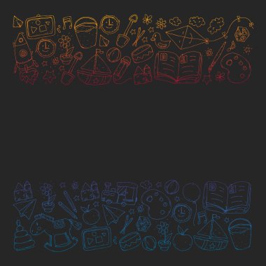 Anaokulu oyuncakları ile. Çocuklar için şablon. Küçük okul öncesi çocuklar eğitim. Oyun çizim, öğrenme,