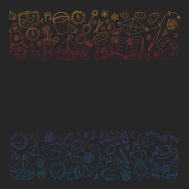 Anaokulu oyuncakları ile. Çocuklar için şablon. Küçük okul öncesi çocuklar eğitim. Oyun çizim, öğrenme,