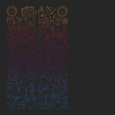 Anaokulu oyuncakları ile. Çocuklar için şablon. Küçük okul öncesi çocuklar eğitim. Oyun çizim, öğrenme,