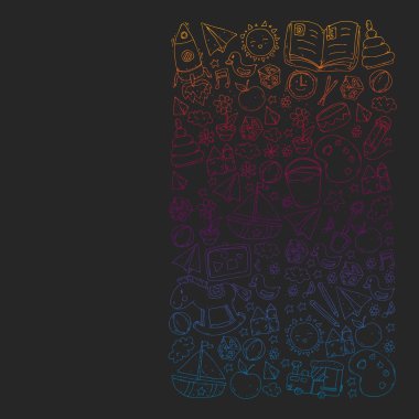 Anaokulu oyuncakları ile. Çocuklar için şablon. Küçük okul öncesi çocuklar eğitim. Oyun çizim, öğrenme,