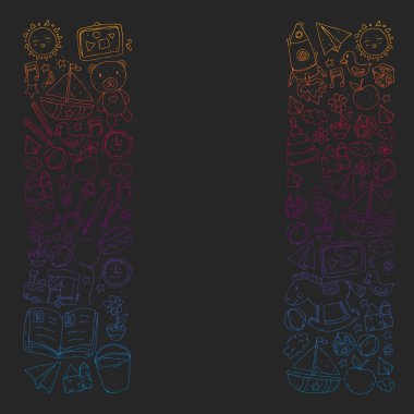 Anaokulu oyuncakları ile. Çocuklar için şablon. Küçük okul öncesi çocuklar eğitim. Oyun çizim, öğrenme,