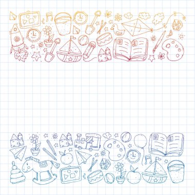 Anaokulu oyuncakları ile. Çocuklar için şablon. Küçük okul öncesi çocuklar eğitim. Oyun çizim, öğrenme,