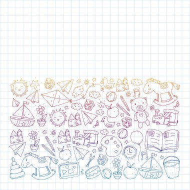 Anaokulu oyuncakları ile. Çocuklar için şablon. Küçük okul öncesi çocuklar eğitim. Oyun çizim, öğrenme,