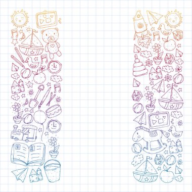 Anaokulu oyuncakları ile. Çocuklar için şablon. Küçük okul öncesi çocuklar eğitim. Oyun çizim, öğrenme,