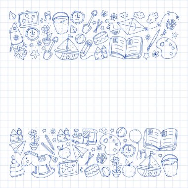 Anaokulu oyuncakları ile. Çocuklar için şablon. Küçük okul öncesi çocuklar eğitim. Oyun çizim, öğrenme,