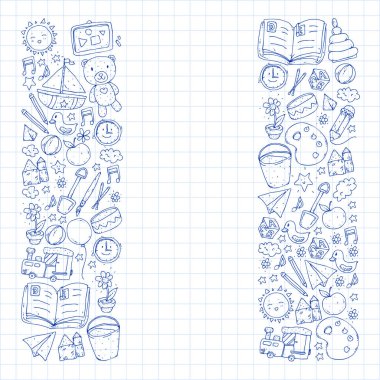 Anaokulu oyuncakları ile. Çocuklar için şablon. Küçük okul öncesi çocuklar eğitim. Oyun çizim, öğrenme,