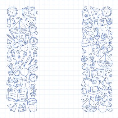 Anaokulu oyuncakları ile. Çocuklar için şablon. Küçük okul öncesi çocuklar eğitim. Oyun çizim, öğrenme,