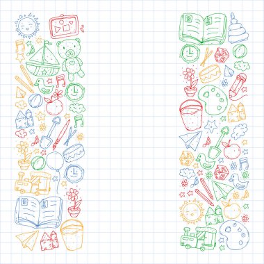 Anaokulu oyuncakları ile. Çocuklar için şablon. Küçük okul öncesi çocuklar eğitim. Oyun çizim, öğrenme,