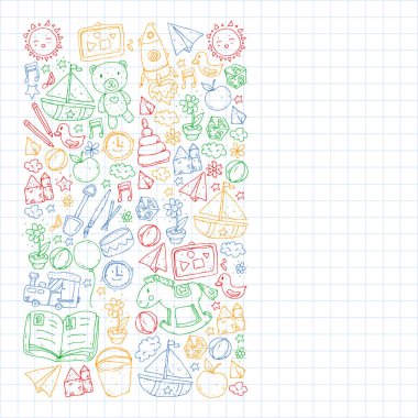 Anaokulu oyuncakları ile. Çocuklar için şablon. Küçük okul öncesi çocuklar eğitim. Oyun çizim, öğrenme,