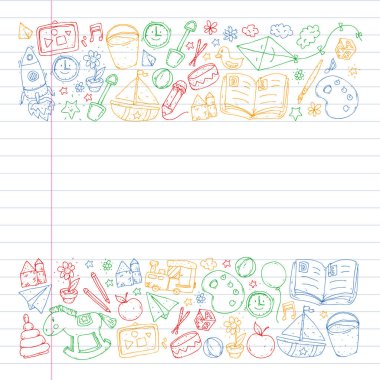 Anaokulu oyuncakları ile. Çocuklar için şablon. Küçük okul öncesi çocuklar eğitim. Oyun çizim, öğrenme,