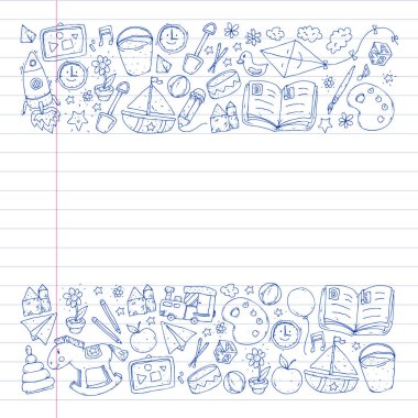 Anaokulu oyuncakları ile. Çocuklar için şablon. Küçük okul öncesi çocuklar eğitim. Oyun çizim, öğrenme,