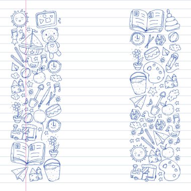 Anaokulu oyuncakları ile. Çocuklar için şablon. Küçük okul öncesi çocuklar eğitim. Oyun çizim, öğrenme,