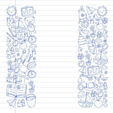 Anaokulu oyuncakları ile. Çocuklar için şablon. Küçük okul öncesi çocuklar eğitim. Oyun çizim, öğrenme,