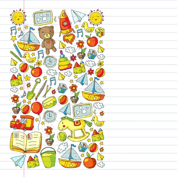 Kindergarten mit Spielzeug. Muster für Kinder. kleine Vorschulkinder Bildung. Zeichnen, Lernen, Spielen — Stockvektor