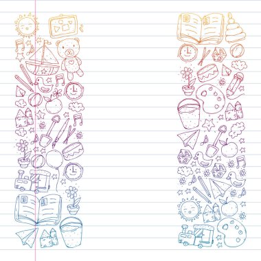 Anaokulu oyuncakları ile. Çocuklar için şablon. Küçük okul öncesi çocuklar eğitim. Oyun çizim, öğrenme,