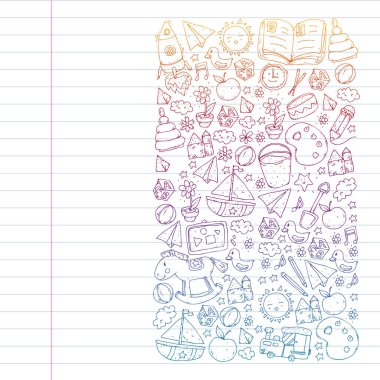 Anaokulu oyuncakları ile. Çocuklar için şablon. Küçük okul öncesi çocuklar eğitim. Oyun çizim, öğrenme,