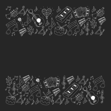 Müzik arka plan desenleri için. Müzik aletleri ile vektör çizim.