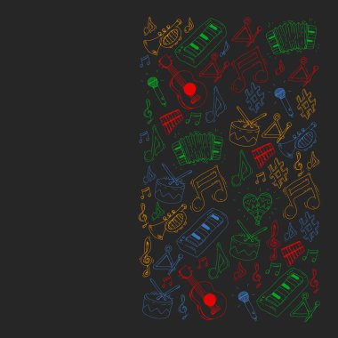 Müzik arka plan desenleri için. Müzik aletleri ile vektör çizim.