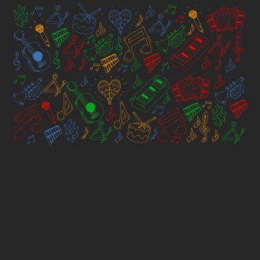 Müzik arka plan desenleri için. Müzik aletleri ile vektör çizim.