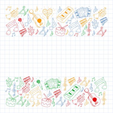 Müzik arka plan desenleri için. Müzik aletleri ile vektör çizim.