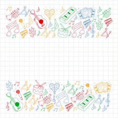 Müzik arka plan desenleri için. Müzik aletleri ile vektör çizim.