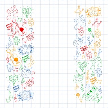 Müzik arka plan desenleri için. Müzik aletleri ile vektör çizim.