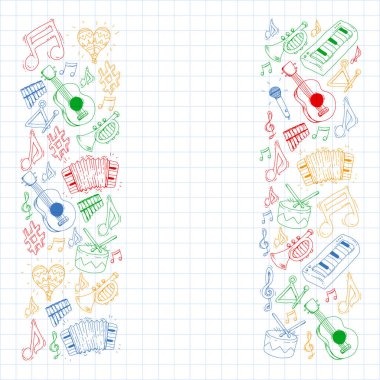 Müzik arka plan desenleri için. Müzik aletleri ile vektör çizim.