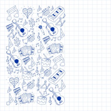 Müzik arka plan desenleri için. Müzik aletleri ile vektör çizim.