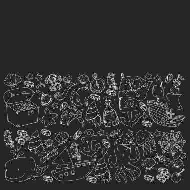 Okyanus ve deniz çocuklar için. Çocuklar için şablon. Korsan Partisi. Sevimli balıklar, hayvanlar, hazineler. Çocuklar tatil desen, plaj oyuncakları ve öğeleri.