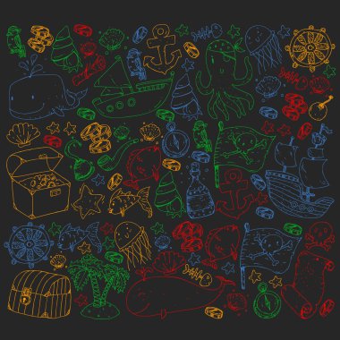 Okyanus ve deniz çocuklar için. Çocuklar için şablon. Korsan Partisi. Sevimli balıklar, hayvanlar, hazineler. Çocuklar tatil desen, plaj oyuncakları ve öğeleri.