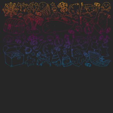 Okyanus ve deniz çocuklar için. Çocuklar için şablon. Korsan Partisi. Sevimli balıklar, hayvanlar, hazineler. Çocuklar tatil desen, plaj oyuncakları ve öğeleri.