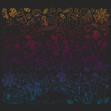 Okyanus ve deniz çocuklar için. Çocuklar için şablon. Korsan Partisi. Sevimli balıklar, hayvanlar, hazineler. Çocuklar tatil desen, plaj oyuncakları ve öğeleri.