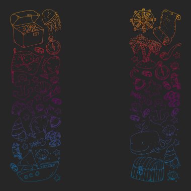 Okyanus ve deniz çocuklar için. Çocuklar için şablon. Korsan Partisi. Sevimli balıklar, hayvanlar, hazineler. Çocuklar tatil desen, plaj oyuncakları ve öğeleri.