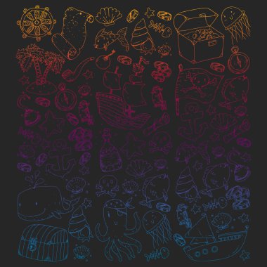 Okyanus ve deniz çocuklar için. Çocuklar için şablon. Korsan Partisi. Sevimli balıklar, hayvanlar, hazineler. Çocuklar tatil desen, plaj oyuncakları ve öğeleri.