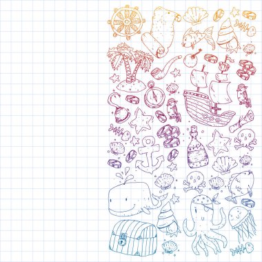 Okyanus ve deniz çocuklar için. Çocuklar için şablon. Korsan Partisi. Sevimli balıklar, hayvanlar, hazineler. Çocuklar tatil desen, plaj oyuncakları ve öğeleri.