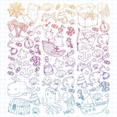 Okyanus ve deniz çocuklar için. Çocuklar için şablon. Korsan Partisi. Sevimli balıklar, hayvanlar, hazineler. Çocuklar tatil desen, plaj oyuncakları ve öğeleri.