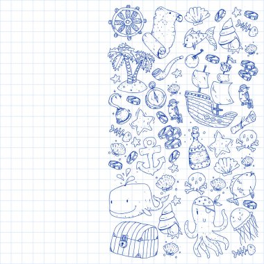 Okyanus ve deniz çocuklar için. Çocuklar için şablon. Korsan Partisi. Sevimli balıklar, hayvanlar, hazineler. Çocuklar tatil desen, plaj oyuncakları ve öğeleri.