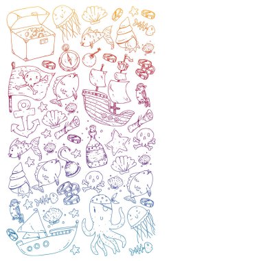 Okyanus ve deniz çocuklar için. Çocuklar için şablon. Korsan Partisi. Sevimli balıklar, hayvanlar, hazineler. Çocuklar tatil desen, plaj oyuncakları ve öğeleri.