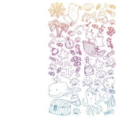 Okyanus ve deniz çocuklar için. Çocuklar için şablon. Korsan Partisi. Sevimli balıklar, hayvanlar, hazineler. Çocuklar tatil desen, plaj oyuncakları ve öğeleri.