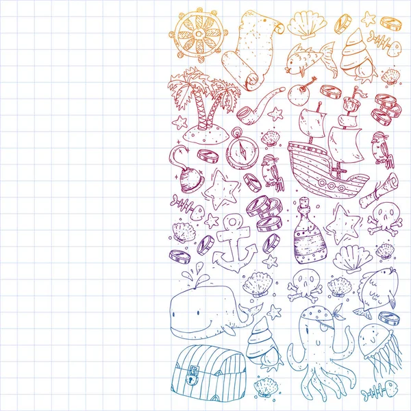 Okyanus ve deniz çocuklar için. Çocuklar için şablon. Korsan Partisi. Sevimli balıklar, hayvanlar, hazineler. Çocuklar tatil desen, plaj oyuncakları ve öğeleri.