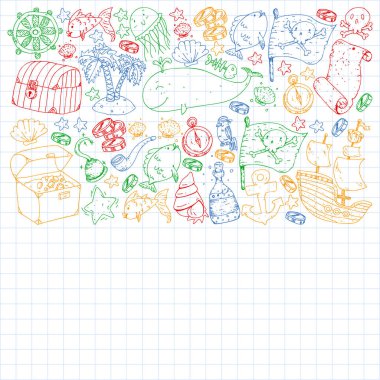 Okyanus ve deniz çocuklar için. Çocuklar için şablon. Korsan Partisi. Sevimli balıklar, hayvanlar, hazineler. Çocuklar tatil desen, plaj oyuncakları ve öğeleri.