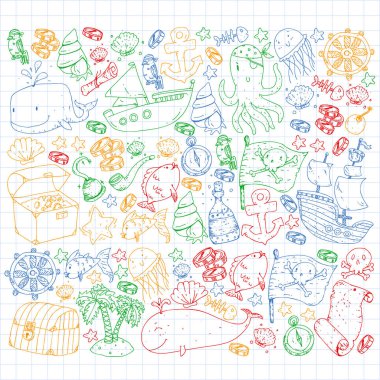 Okyanus ve deniz çocuklar için. Çocuklar için şablon. Korsan Partisi. Sevimli balıklar, hayvanlar, hazineler. Çocuklar tatil desen, plaj oyuncakları ve öğeleri.