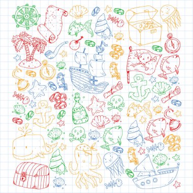 Okyanus ve deniz çocuklar için. Çocuklar için şablon. Korsan Partisi. Sevimli balıklar, hayvanlar, hazineler. Çocuklar tatil desen, plaj oyuncakları ve öğeleri.