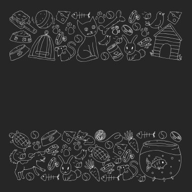 Evde beslenen hayvan dükkan. Vektör çizim hayvanlar, köpek, kedi, balık, kedi, kuş, köpek ile renkli arka plan ile. Veteriner Kliniği.