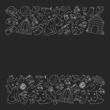 Evde beslenen hayvan dükkan. Vektör çizim hayvanlar, köpek, kedi, balık, kedi, kuş, köpek ile renkli arka plan ile. Veteriner Kliniği.