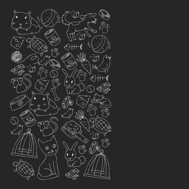 Evde beslenen hayvan dükkan. Vektör çizim hayvanlar, köpek, kedi, balık, kedi, kuş, köpek ile renkli arka plan ile. Veteriner Kliniği.