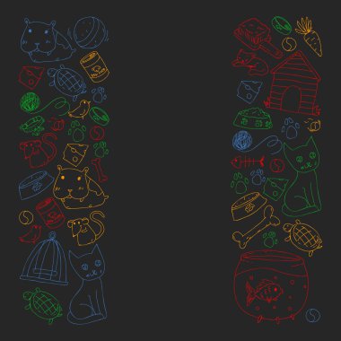 Evde beslenen hayvan dükkan. Vektör çizim hayvanlar, köpek, kedi, balık, kedi, kuş, köpek ile renkli arka plan ile. Veteriner Kliniği.